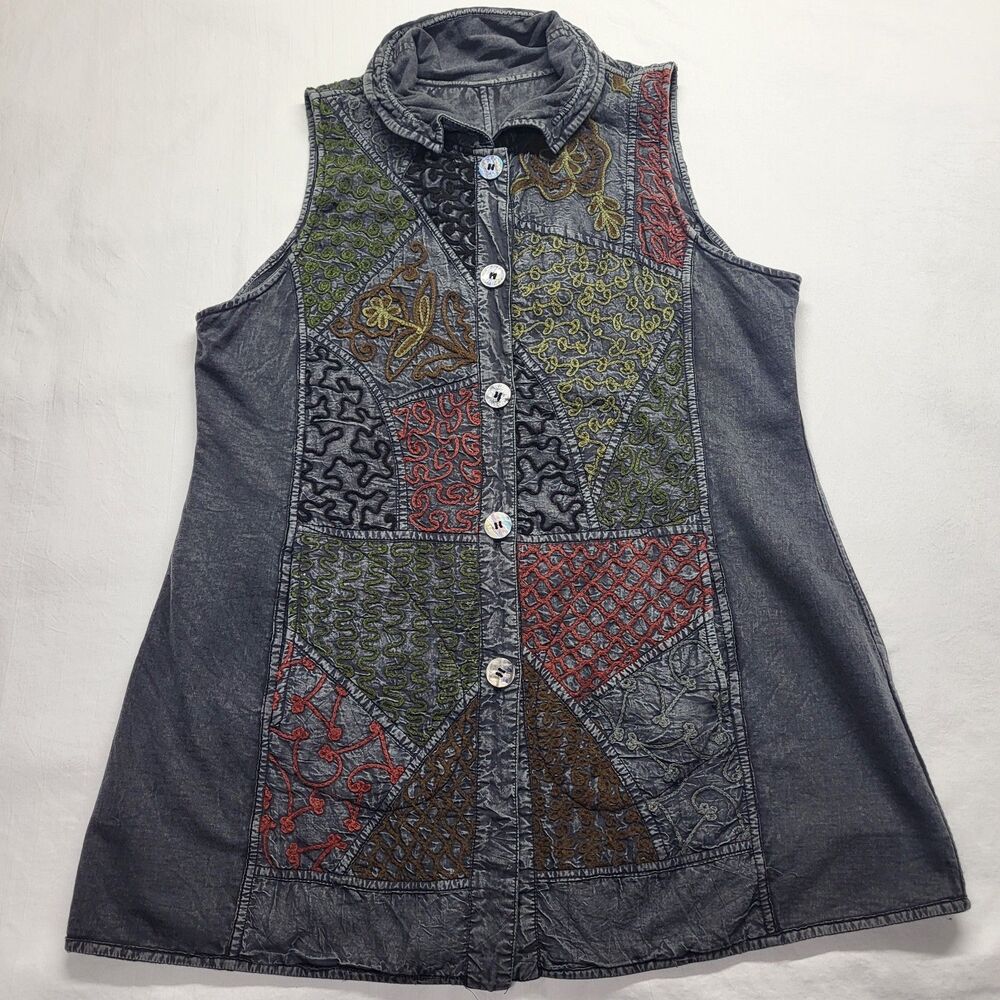 Parsley & Sage Reversible Gray Button Up Tunic Vest MED Double Layer Mineral
